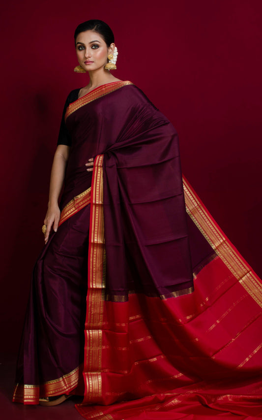 Mysore Crepe Pure Silk Saree in Cadmium Wine, Red and Brush Gold