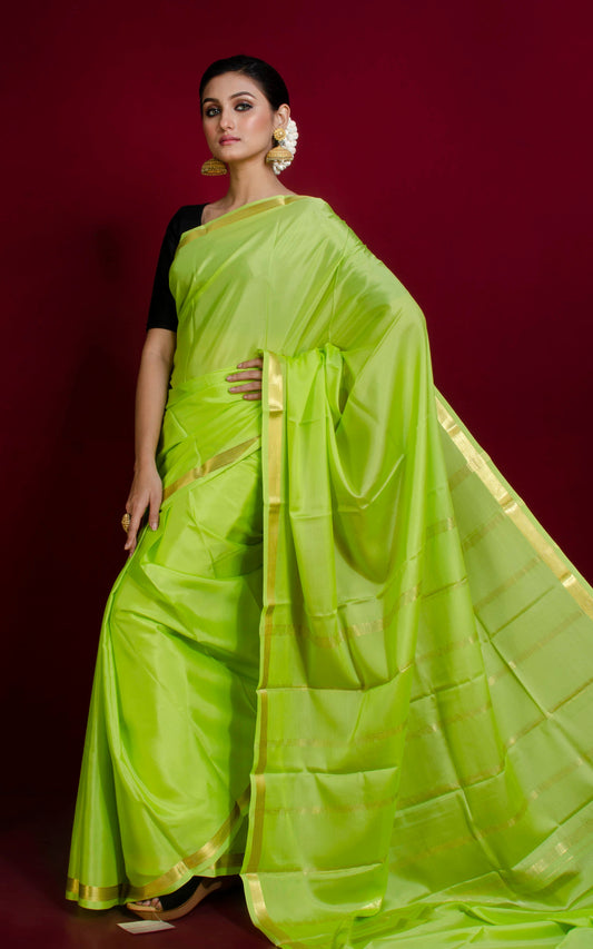 Mysore Crepe Pure Silk Saree in Bright Lime Green and Gold