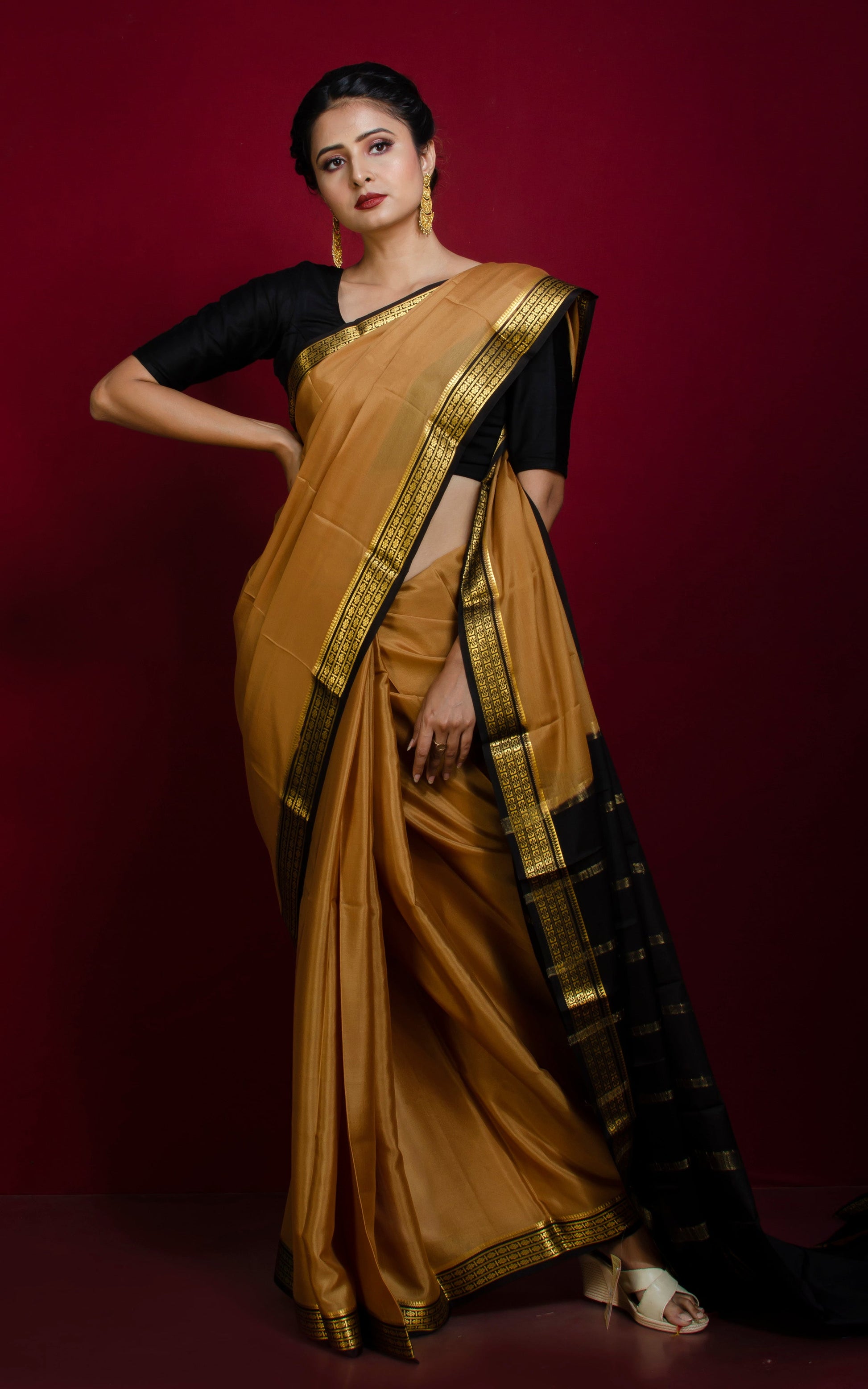 Mysore Crepe Pure Silk Saree in Tan Brown, Black and Brush Gold