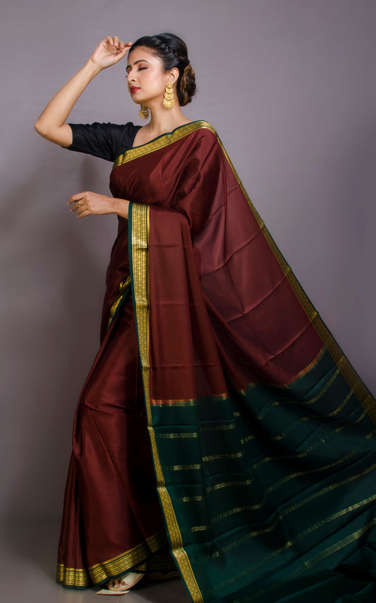 Mysore Crepe Pure Silk Saree in Chocolate Brown, Dark Green and Brush Gold
