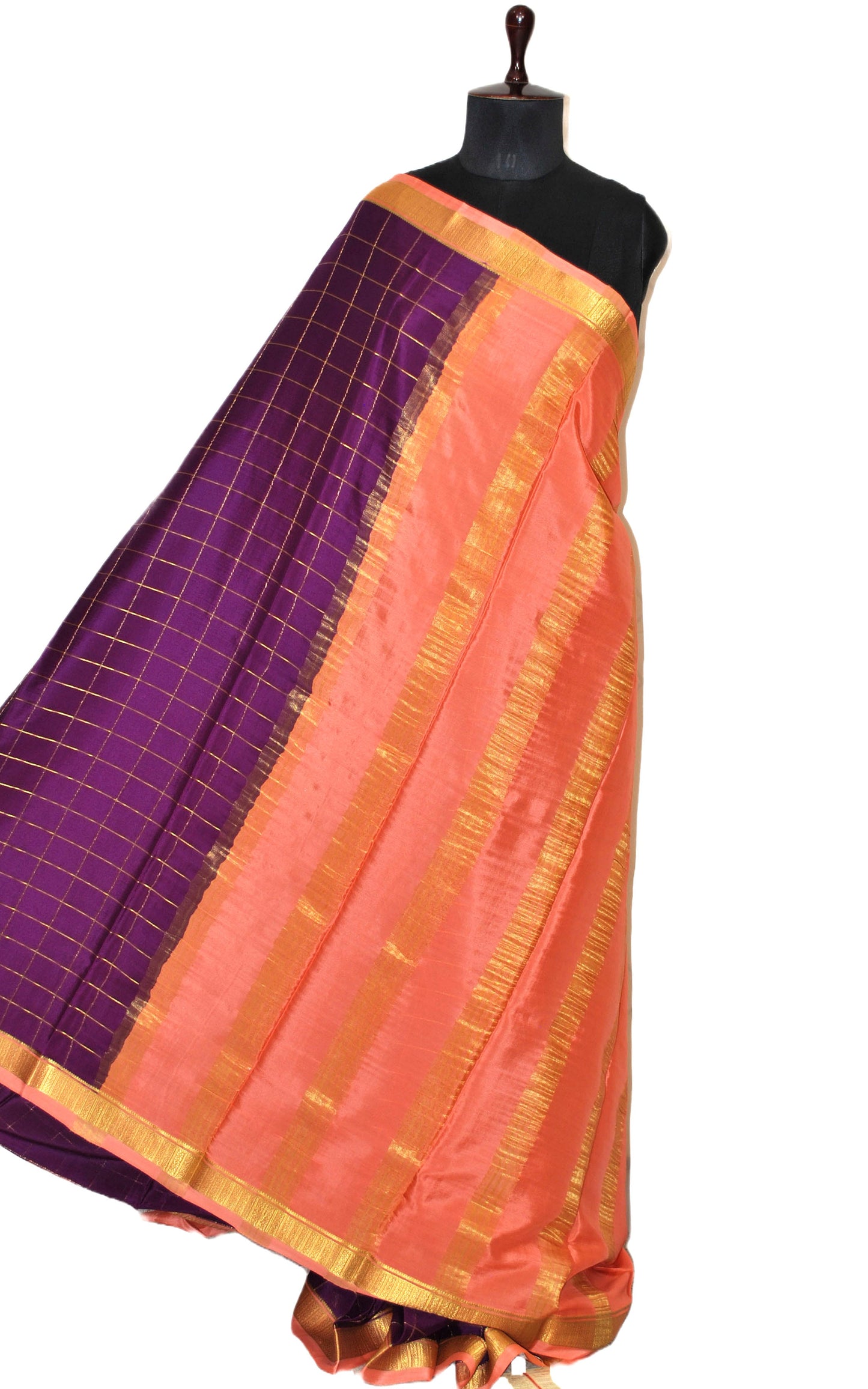 Soft Mysore Crepe Pure Silk Woven Checks Saree in Cotton Dark Purple, Peach and Gold