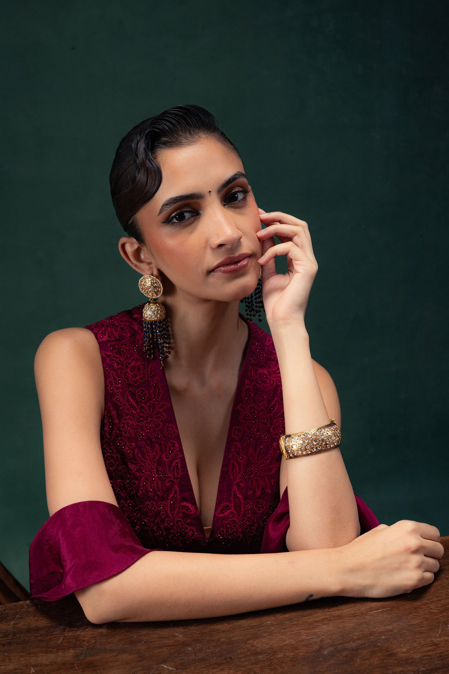 Iraaya Ruby Embroidered Tunic with Flared Palazoo Pants and a Ruffle Stole