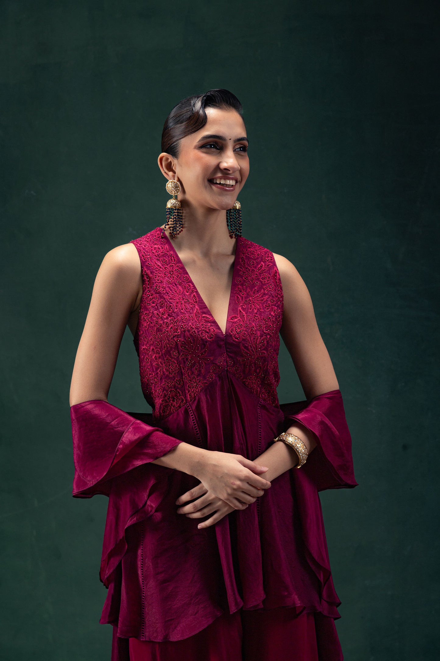 Iraaya Ruby Embroidered Tunic with Flared Palazoo Pants and a Ruffle Stole