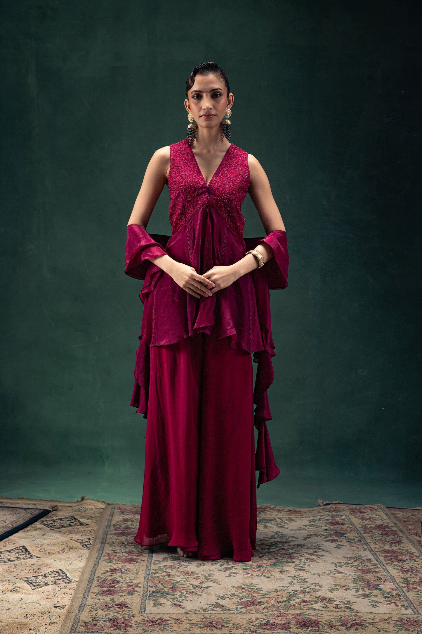 Iraaya Ruby Embroidered Tunic with Flared Palazoo Pants and a Ruffle Stole