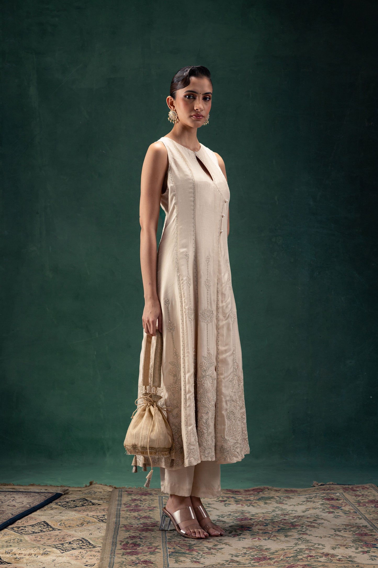 Suhana Off White Silk Anarkali with Embroidered Hemline and Keyhole Neckline