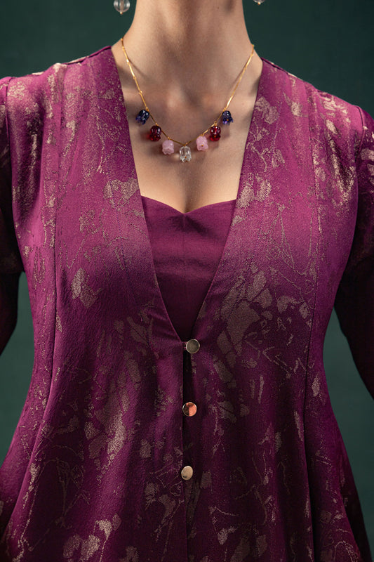 Nadia Plum Sharara Set with an Half Sleeves Abstract Jacquard Tissue Jacket and Gold Button Detailing
