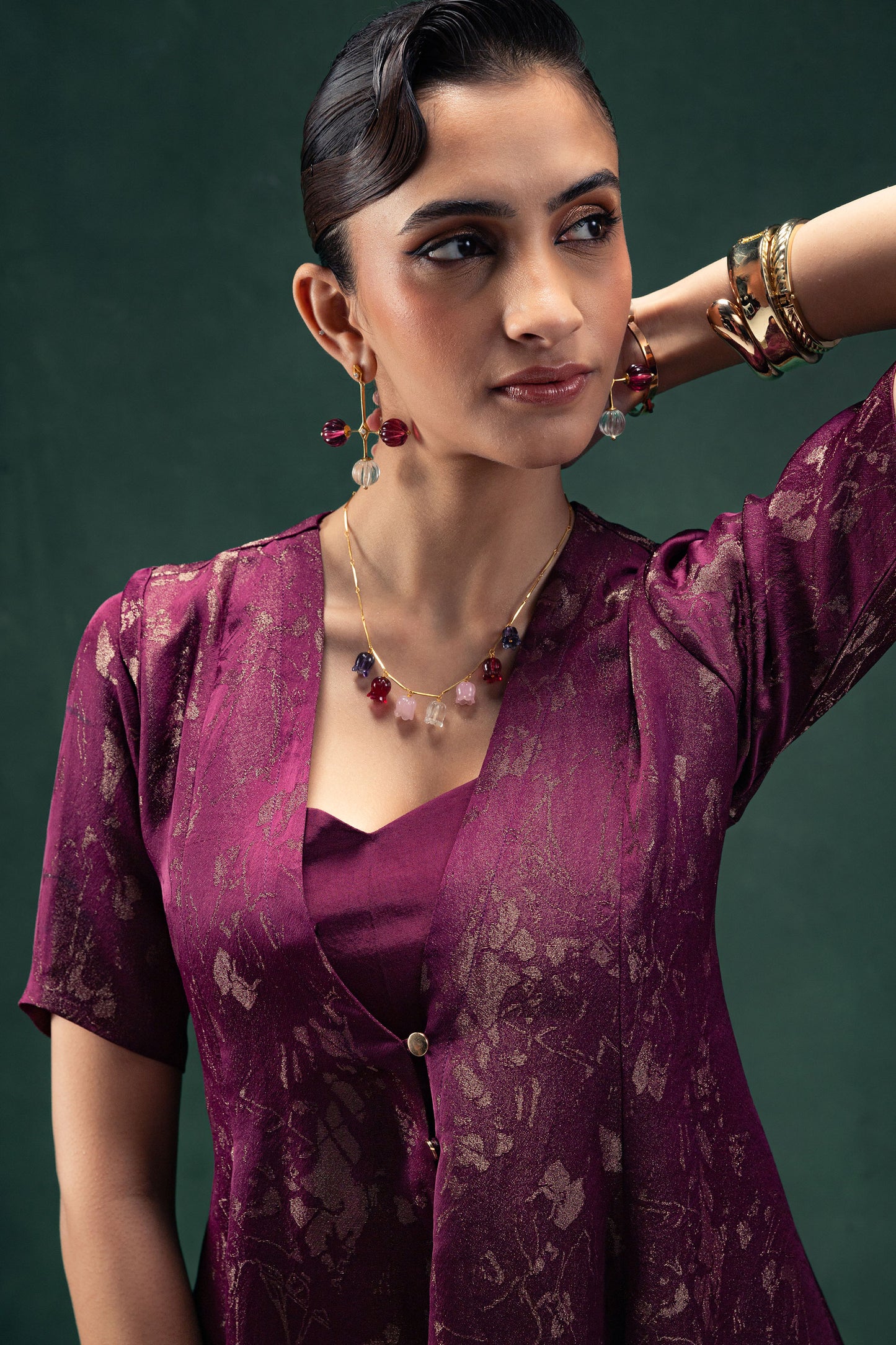 Nadia Plum Sharara Set with an Half Sleeves Abstract Jacquard Tissue Jacket and Gold Button Detailing