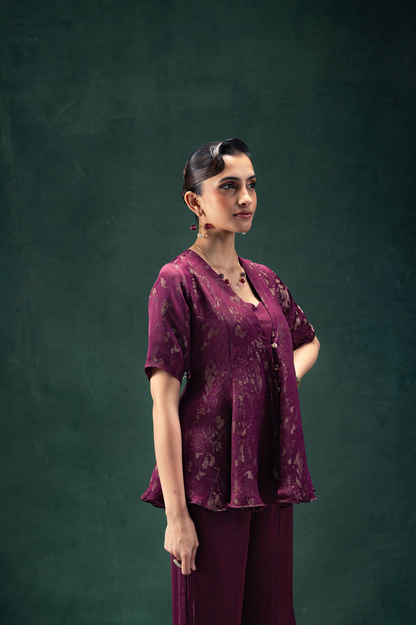 Nadia Plum Sharara Set with an Half Sleeves Abstract Jacquard Tissue Jacket and Gold Button Detailing