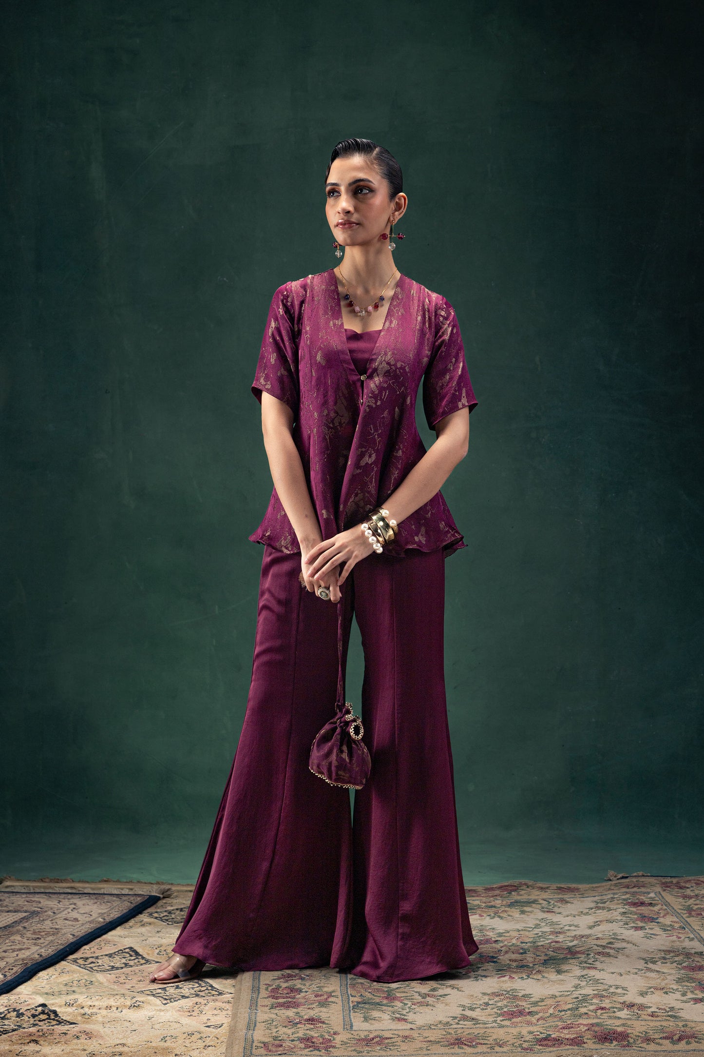 Nadia Plum Sharara Set with an Half Sleeves Abstract Jacquard Tissue Jacket and Gold Button Detailing