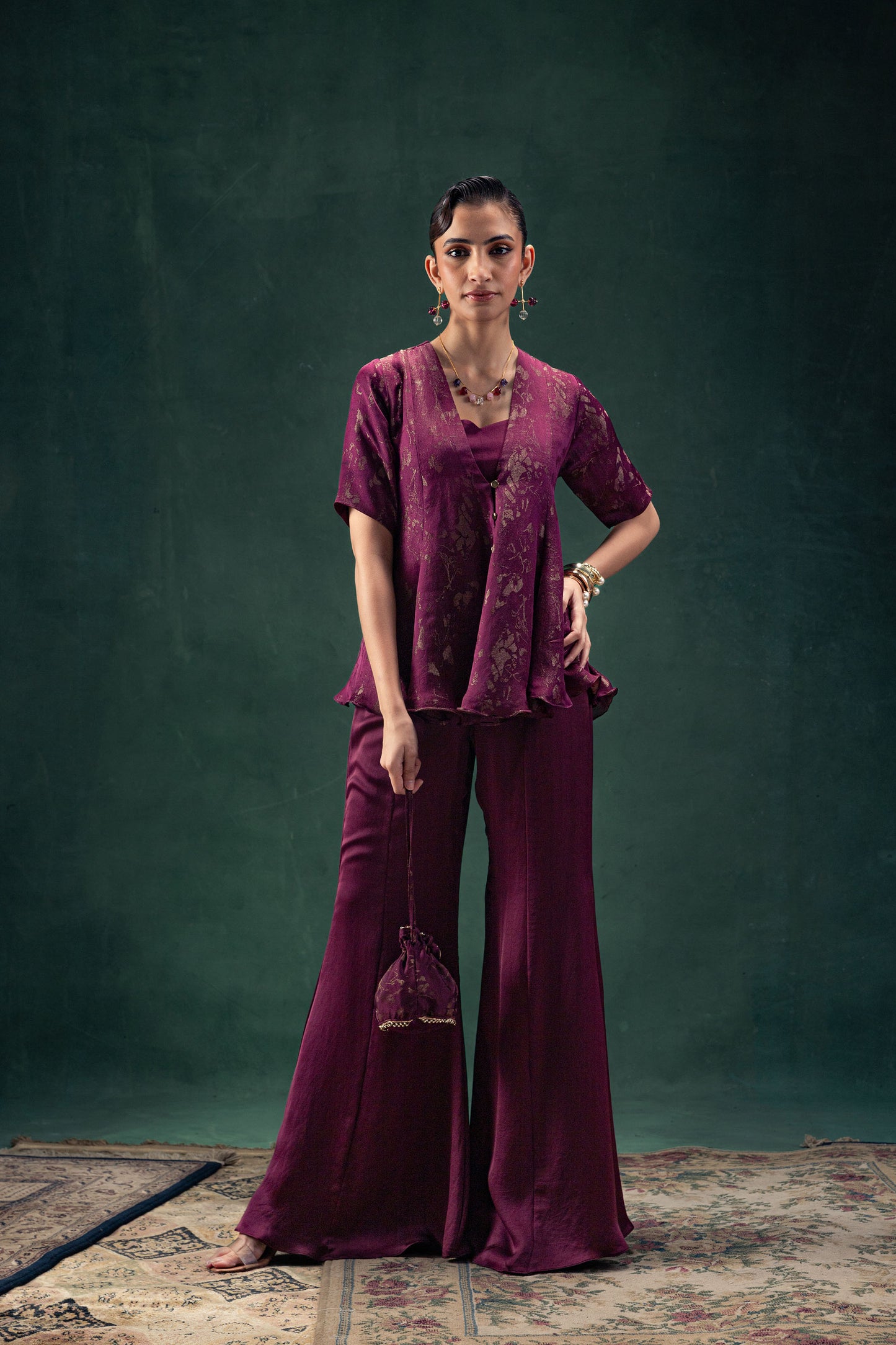 Nadia Plum Sharara Set with an Half Sleeves Abstract Jacquard Tissue Jacket and Gold Button Detailing
