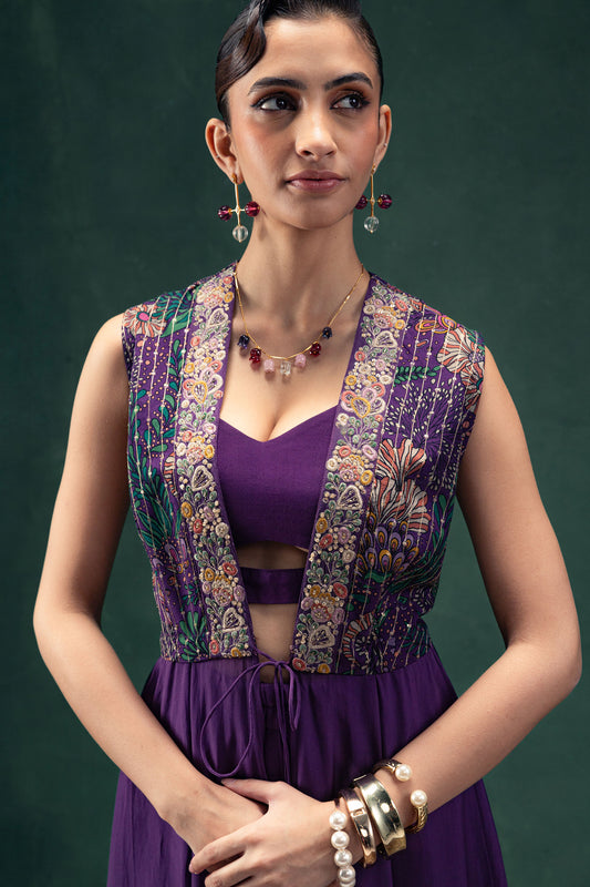 Devina Printed Jacquard Floor Length Jacked with an Organza Sharara Set