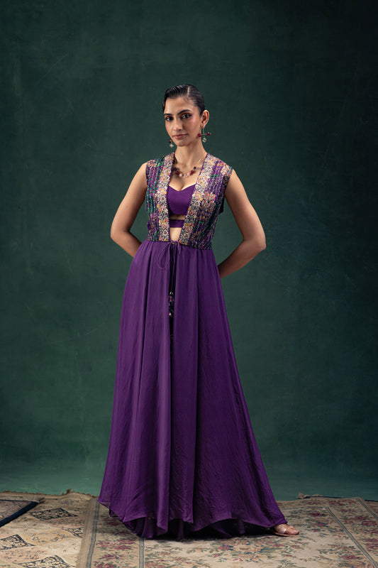 Devina Printed Jacquard Floor Length Jacked with an Organza Sharara Set