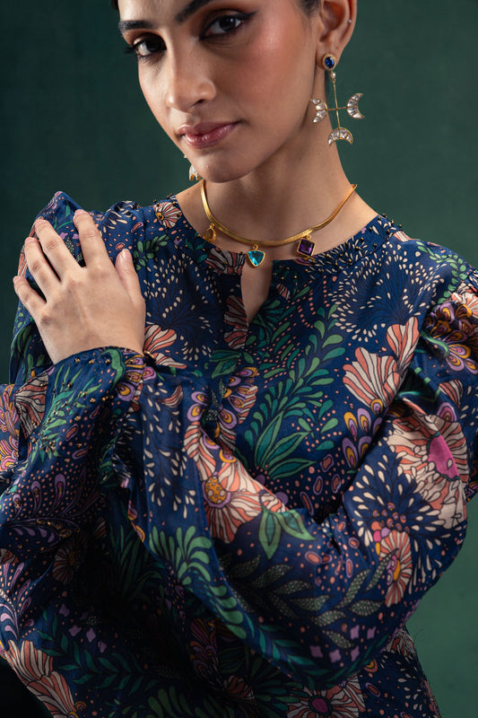 Arya Printed Midnight Blue Full Sleeves Top with a Satin Sharara