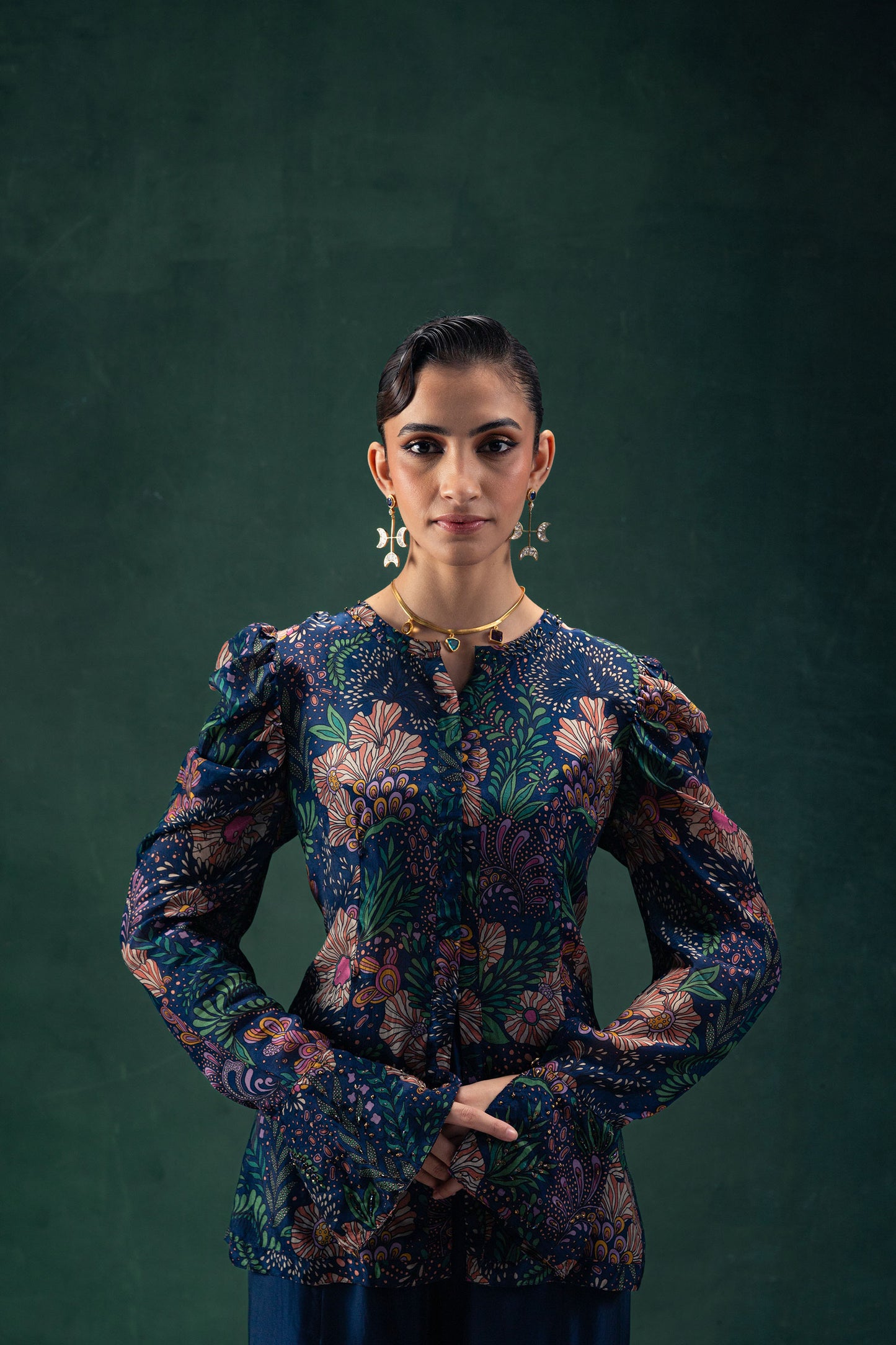Arya Printed Midnight Blue Full Sleeves Top with a Satin Sharara