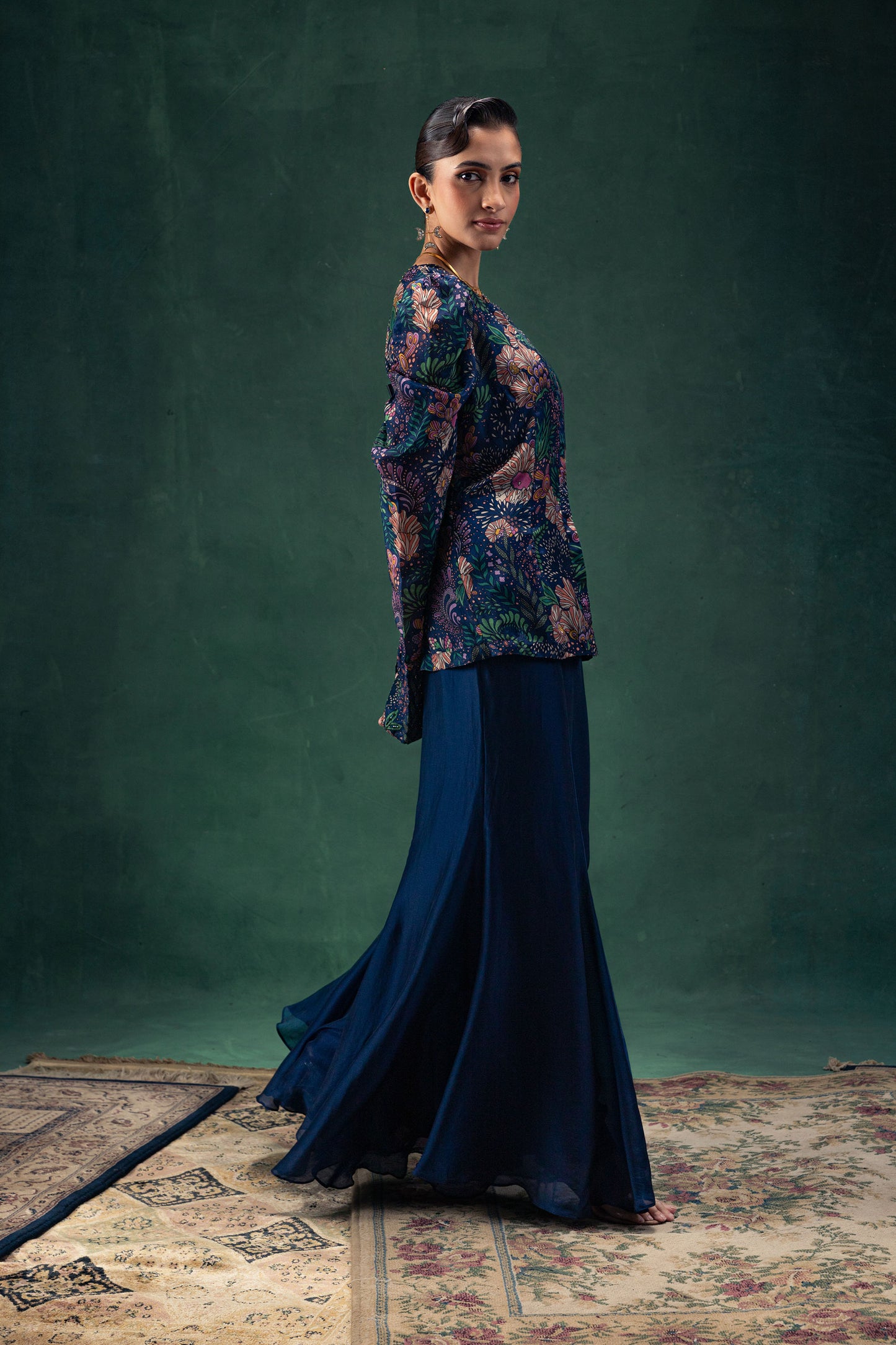 Arya Printed Midnight Blue Full Sleeves Top with a Satin Sharara