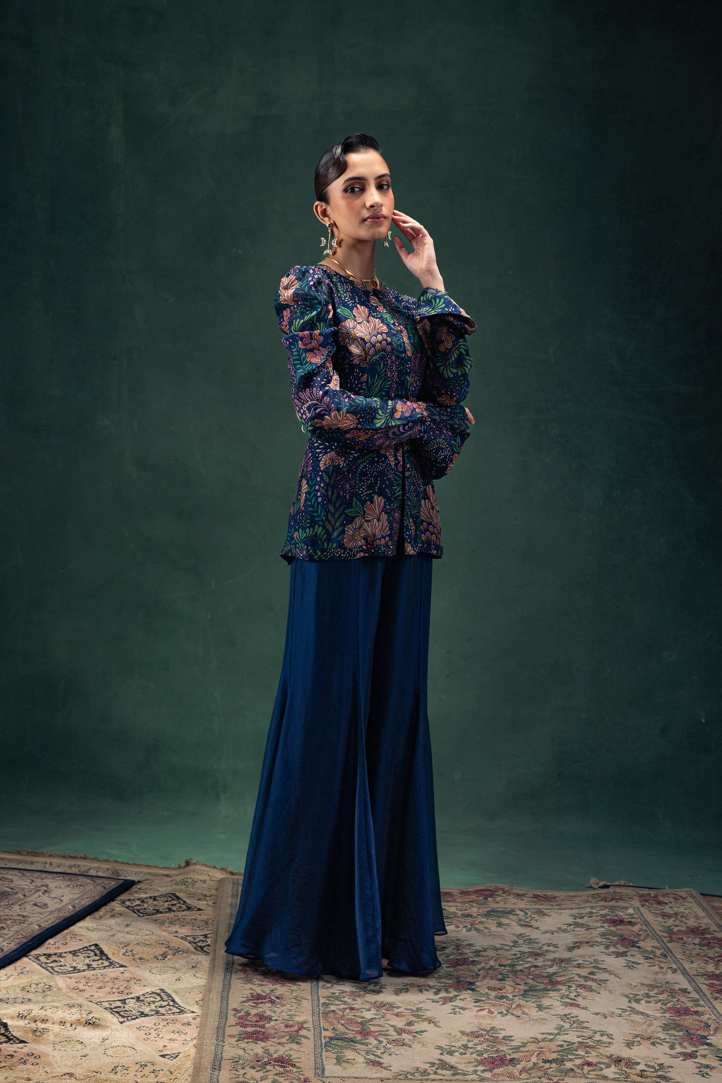 Arya Printed Midnight Blue Full Sleeves Top with a Satin Sharara