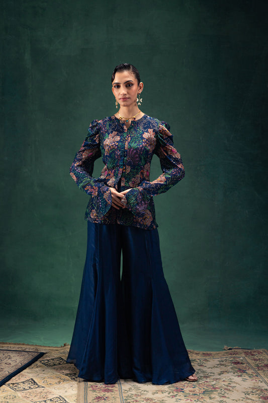 Arya Printed Midnight Blue Full Sleeves Top with a Satin Sharara