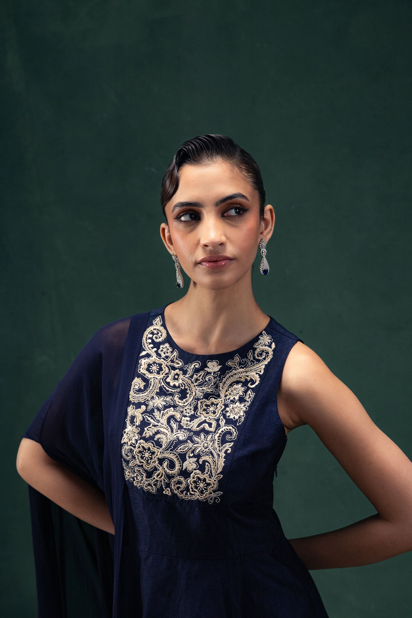 Ishani Navy Blue Peplum Raw Silk Top with Georgette Cape and Straight Palazzo Pants