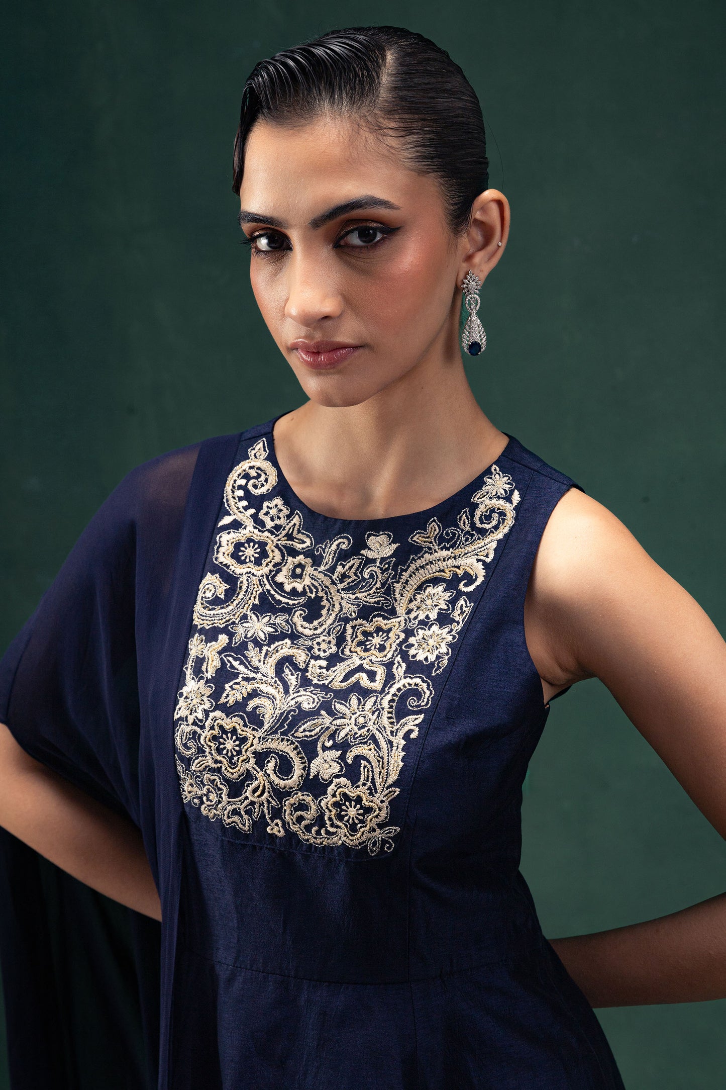 Ishani Navy Blue Peplum Raw Silk Top with Georgette Cape and Straight Palazzo Pants