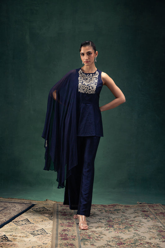 Ishani Navy Blue Peplum Raw Silk Top with Georgette Cape and Straight Palazzo Pants
