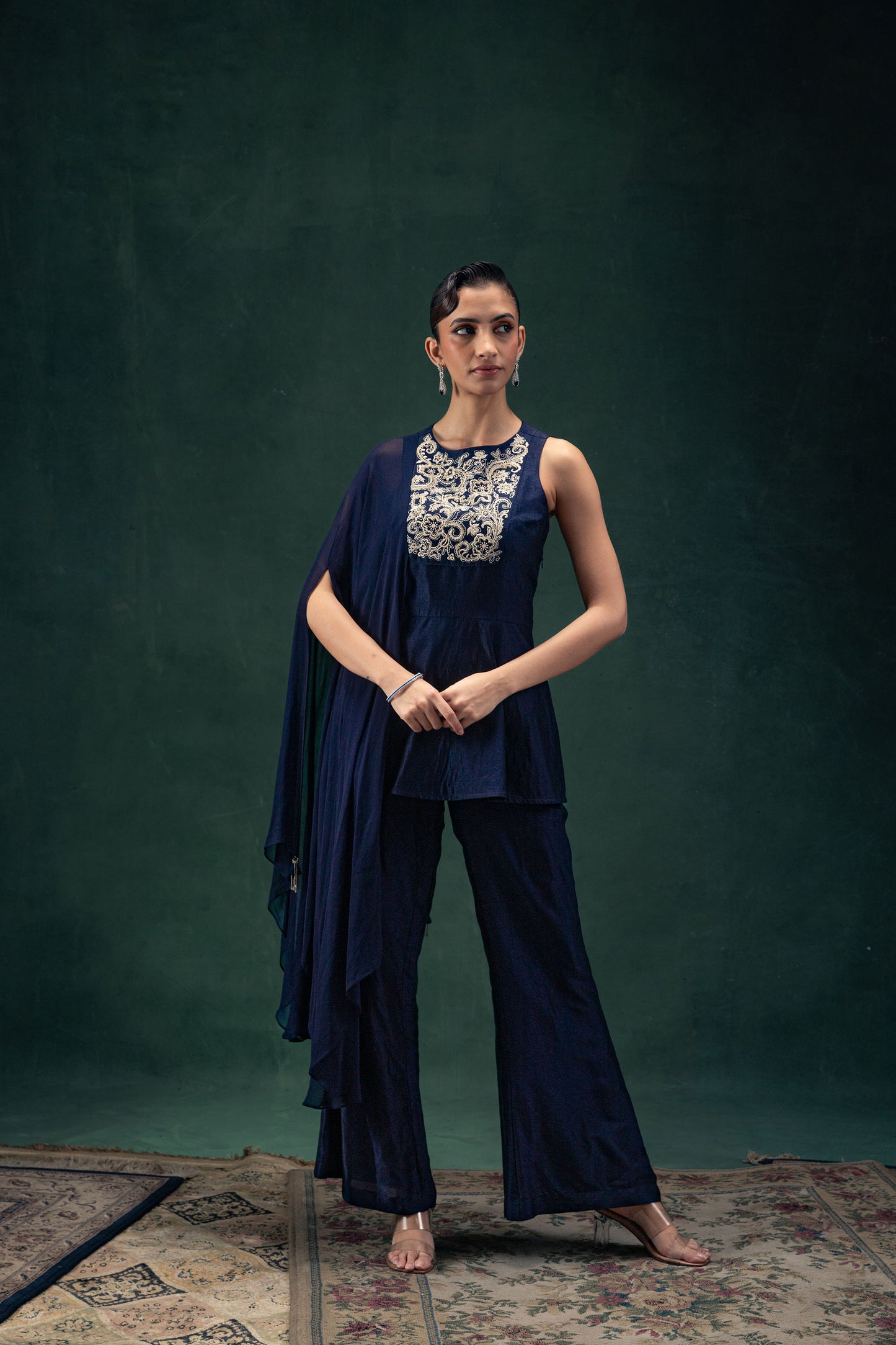 Ishani Navy Blue Peplum Raw Silk Top with Georgette Cape and Straight Palazzo Pants