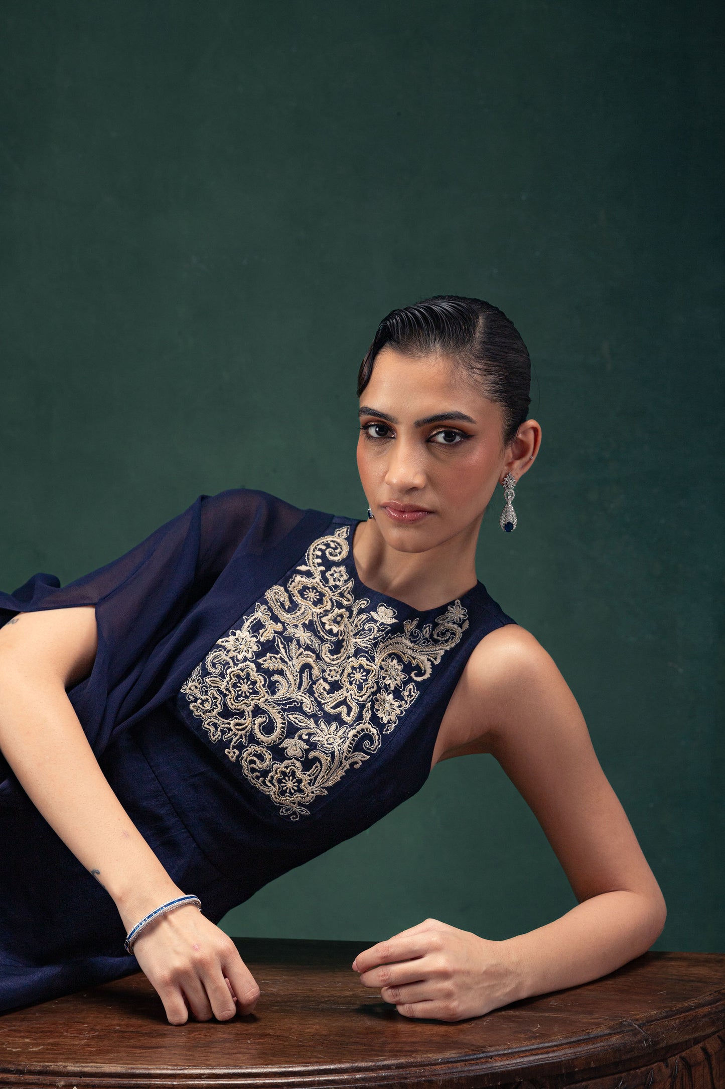Ishani Navy Blue Peplum Raw Silk Top with Georgette Cape and Straight Palazzo Pants