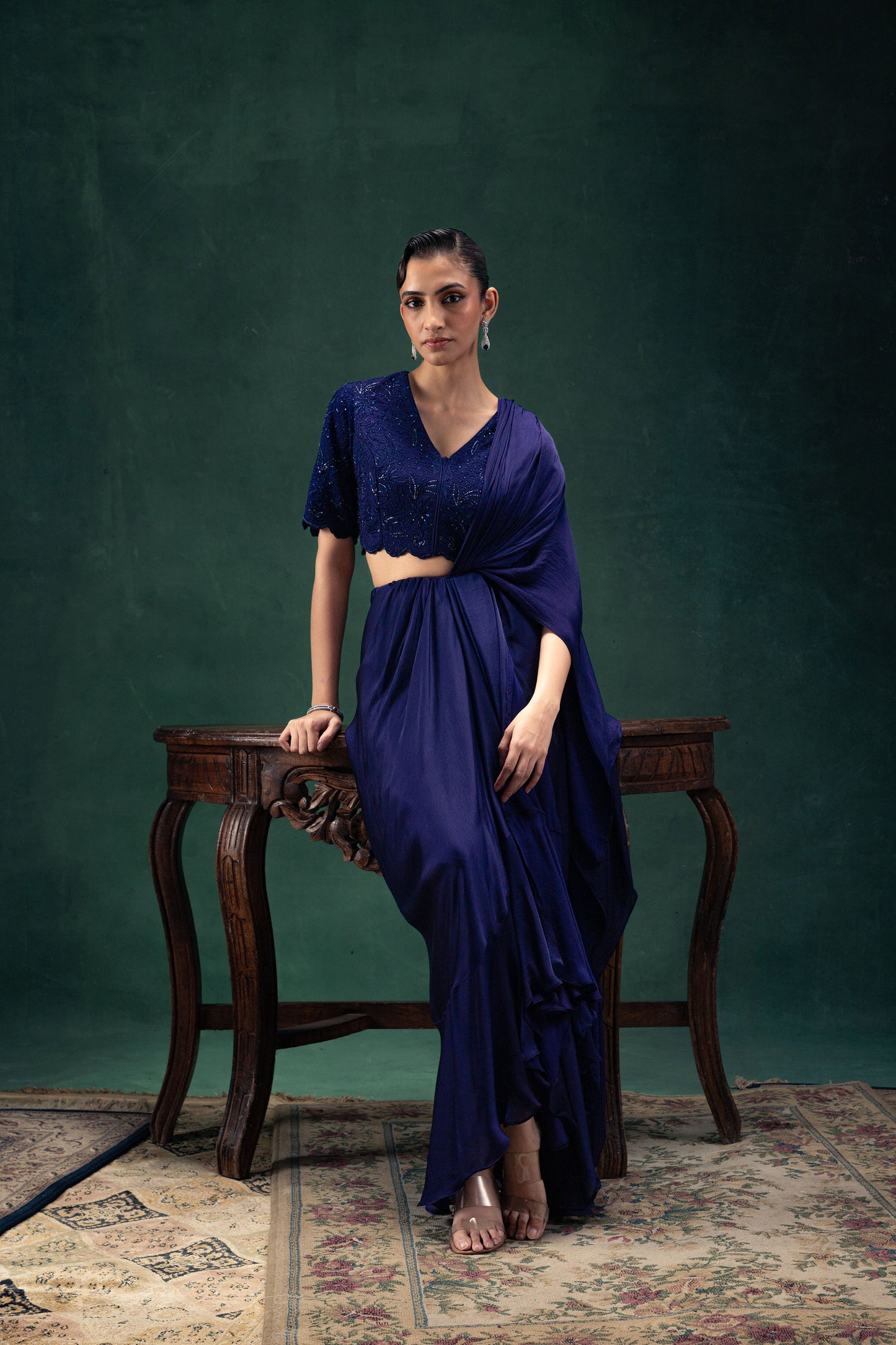 Reeva Navy Blue Draped Sari Set with Tonal Embroidery and Hand Embellishments