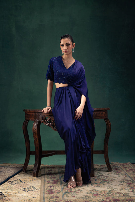 Reeva Navy Blue Draped Sari Set with Tonal Embroidery and Hand Embellishments
