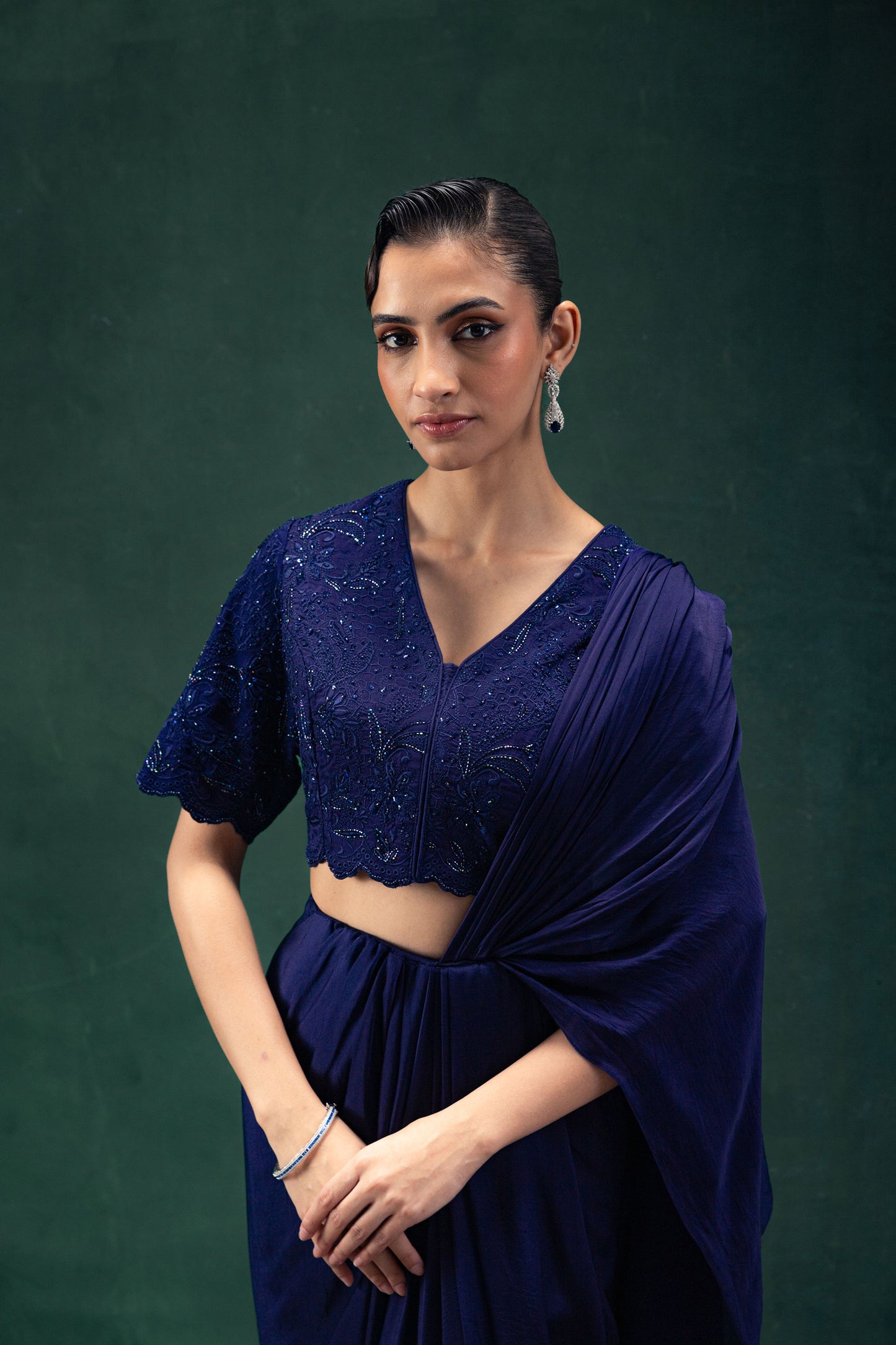 Reeva Navy Blue Draped Sari Set with Tonal Embroidery and Hand Embellishments