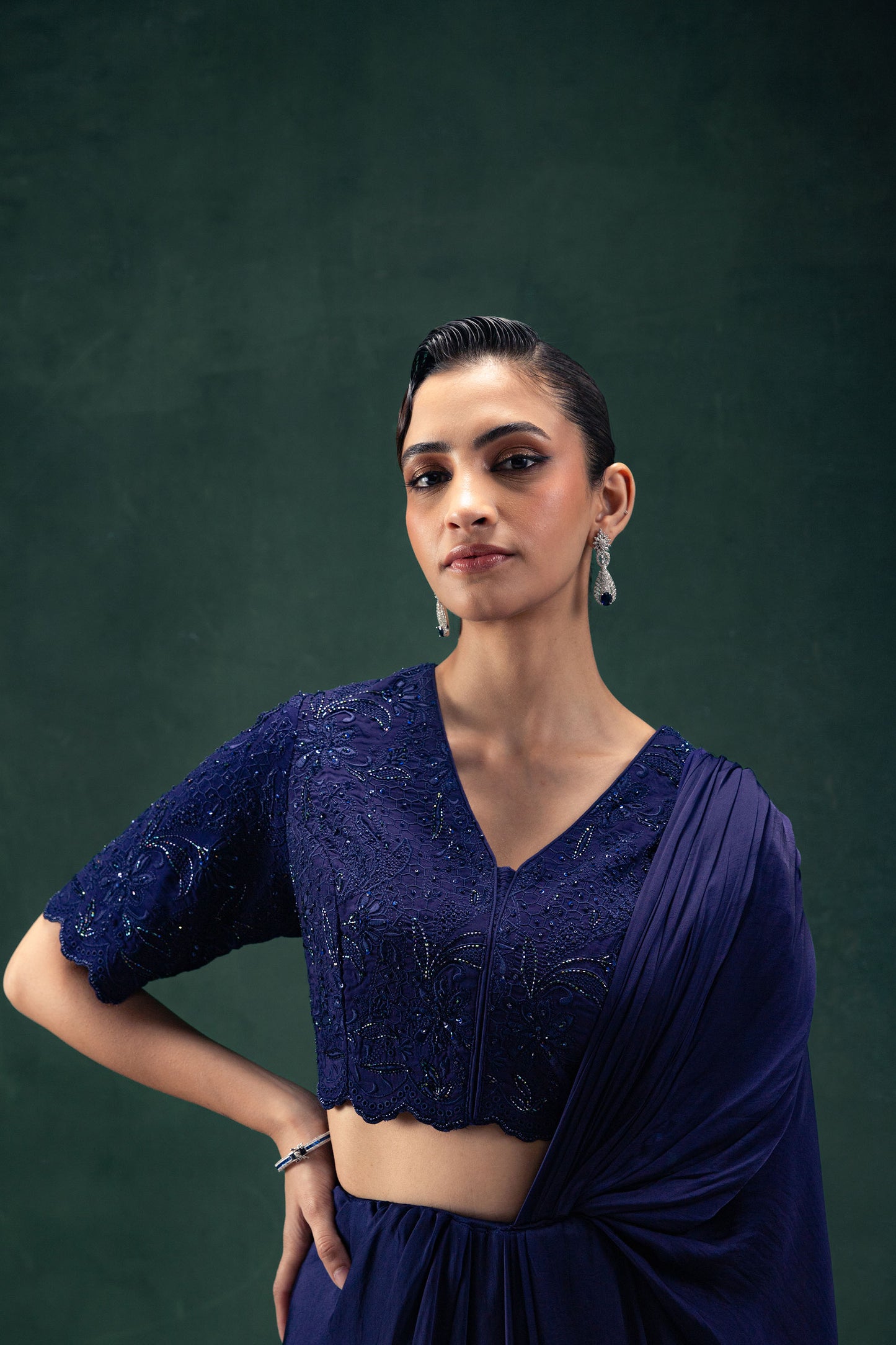 Reeva Navy Blue Draped Sari Set with Tonal Embroidery and Hand Embellishments