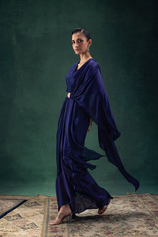 Reeva Navy Blue Draped Sari Set with Tonal Embroidery and Hand Embellishments