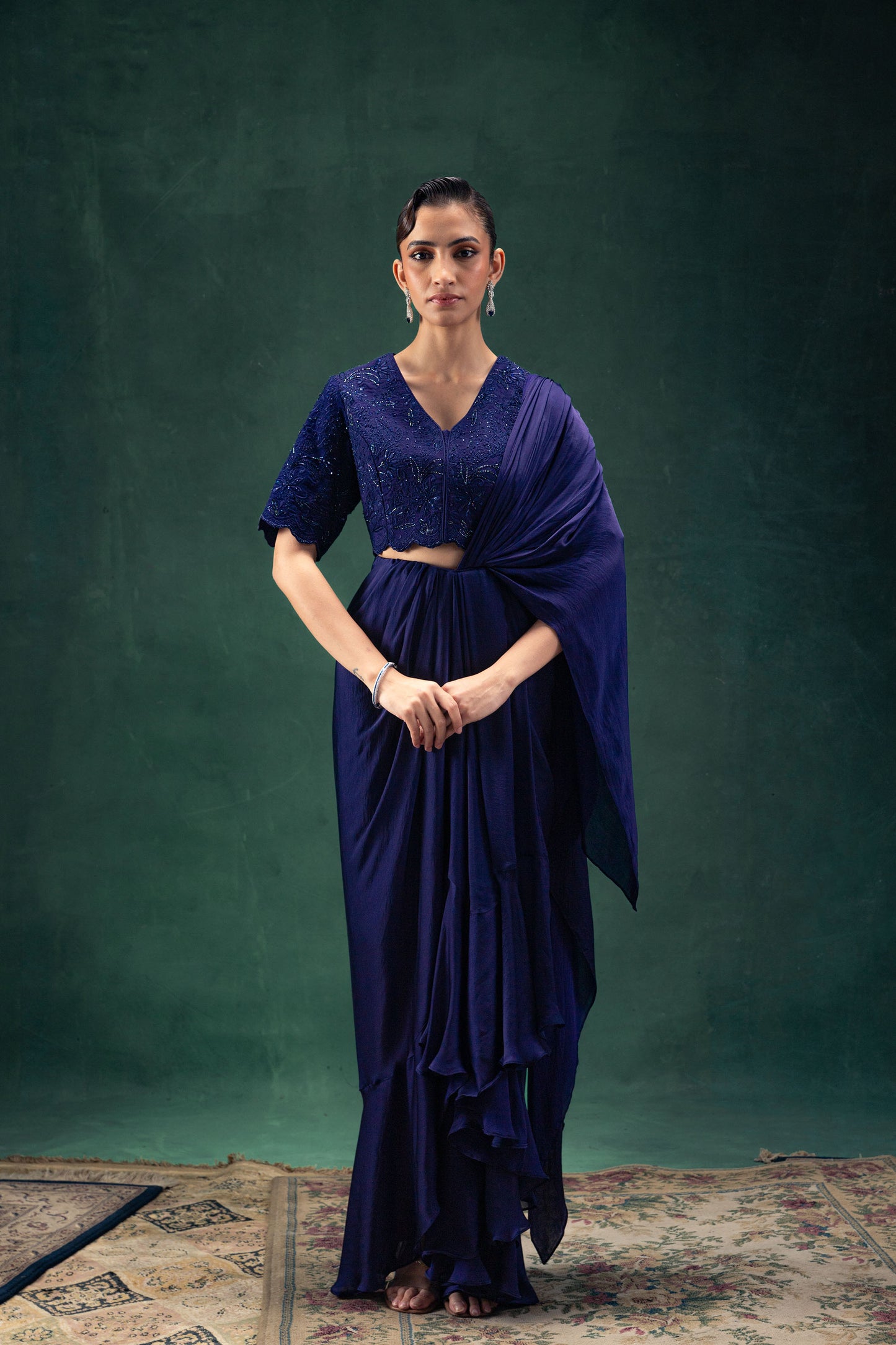 Reeva Navy Blue Draped Sari Set with Tonal Embroidery and Hand Embellishments
