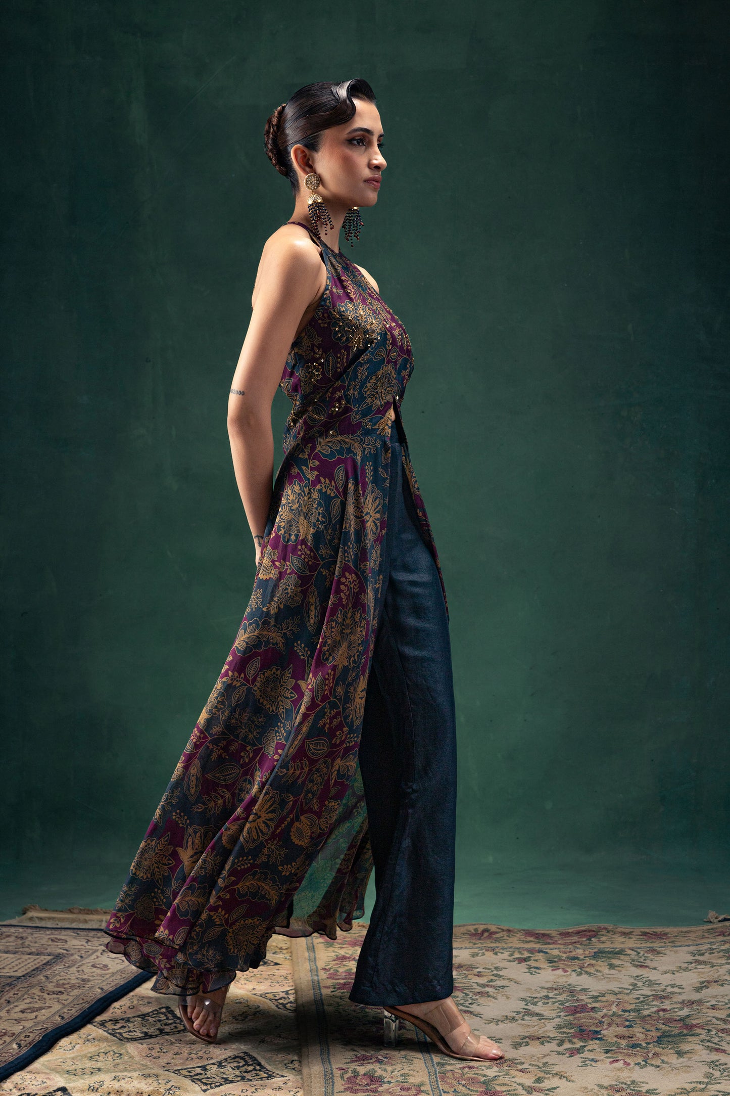 Laila Royal Blue and Purple Halter Neck Silk Tunic with Raw Silk Pants