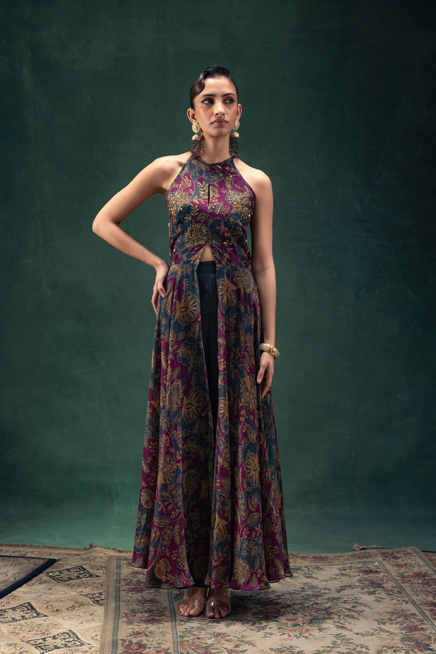 Laila Royal Blue and Purple Halter Neck Silk Tunic with Raw Silk Pants