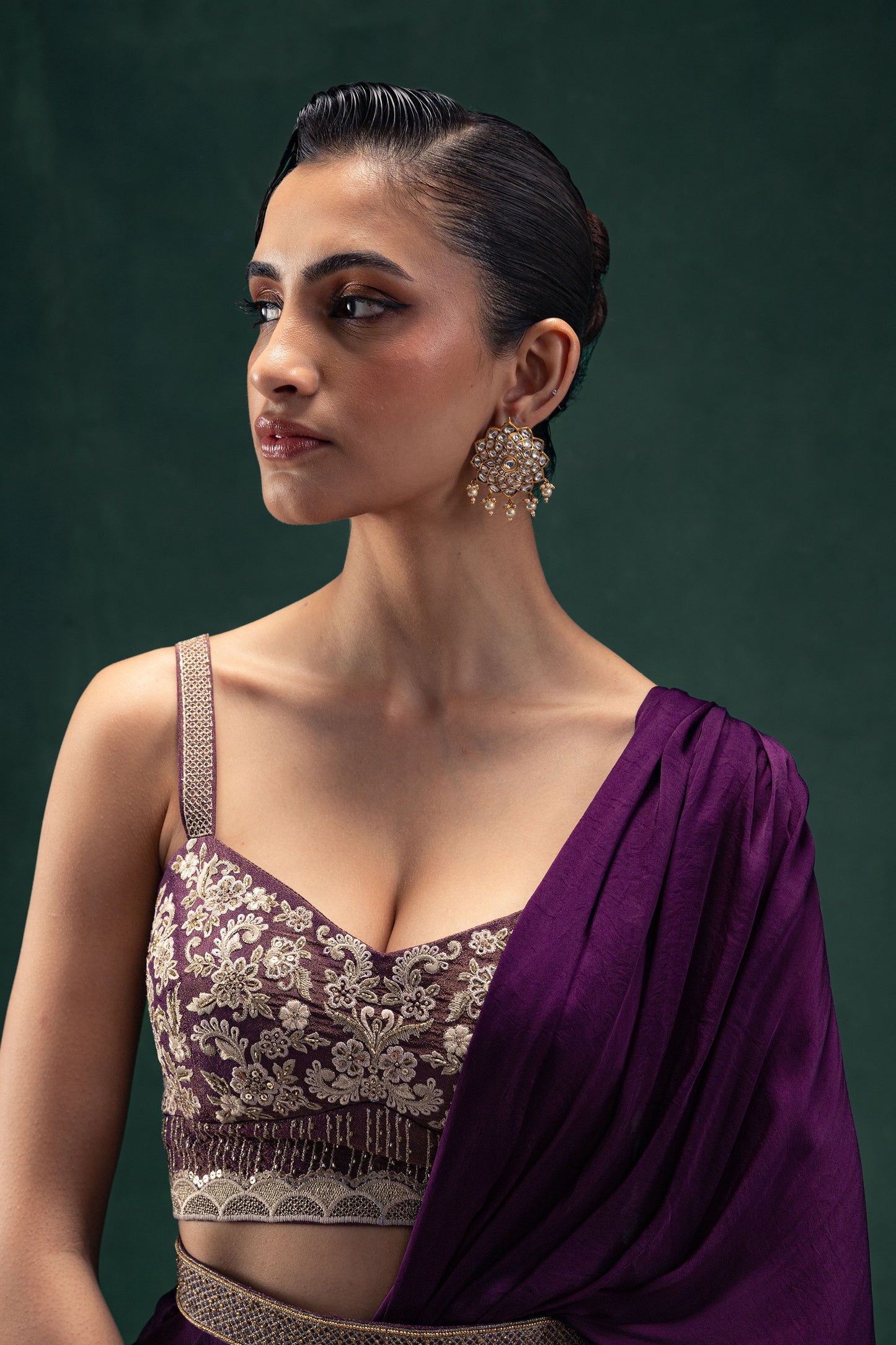 Kiara Embroidered Royal Purple Draped Sari Set With Belt