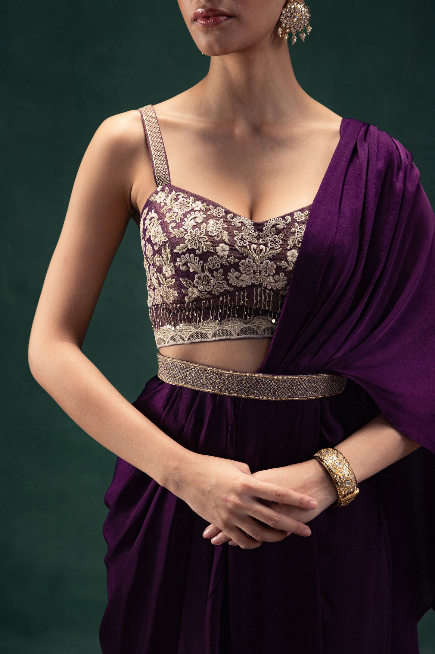 Kiara Embroidered Royal Purple Draped Sari Set With Belt