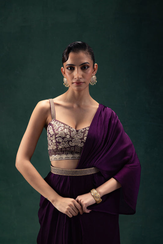 Kiara Embroidered Royal Purple Draped Sari Set With Belt