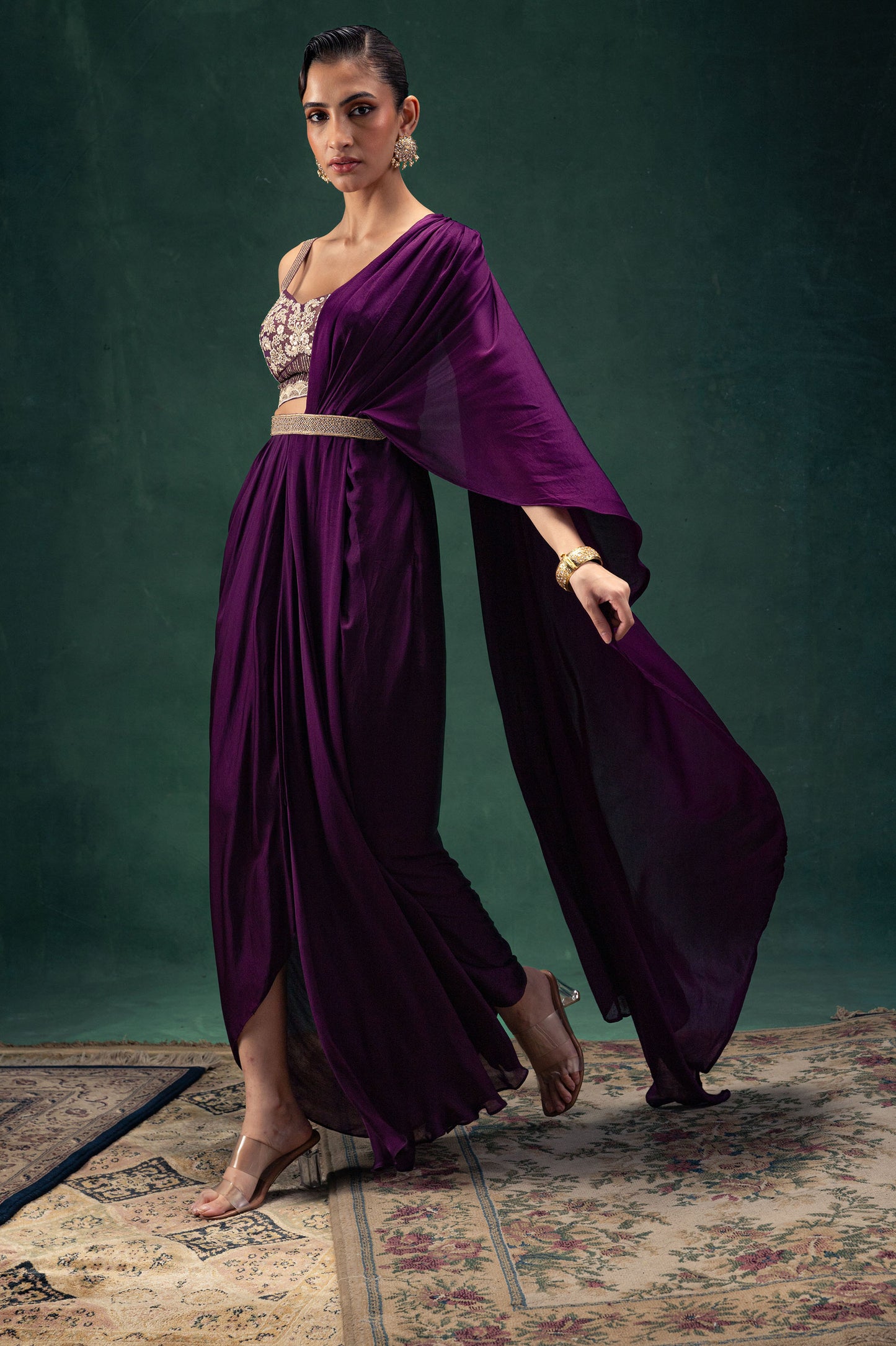 Kiara Embroidered Royal Purple Draped Sari Set With Belt