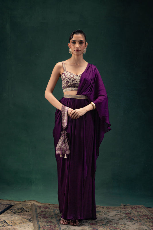 Kiara Embroidered Royal Purple Draped Sari Set With Belt
