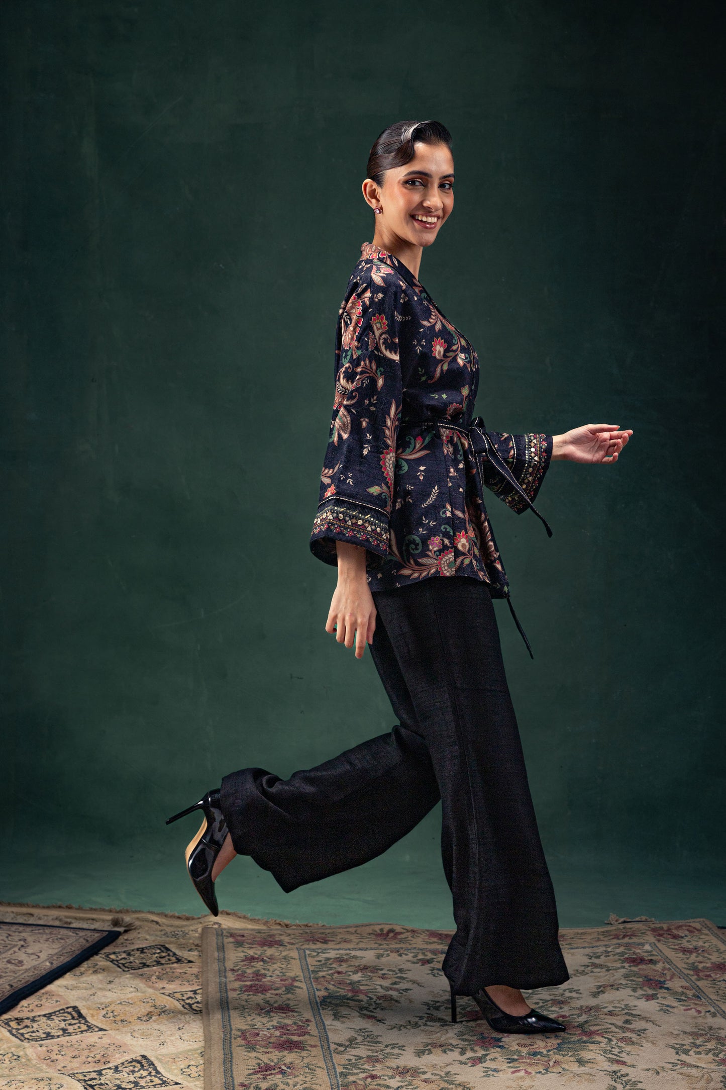 Yasmin Printed Floral Tusser Silk Wrap Jacket with Ebony Black Palazzo Pants