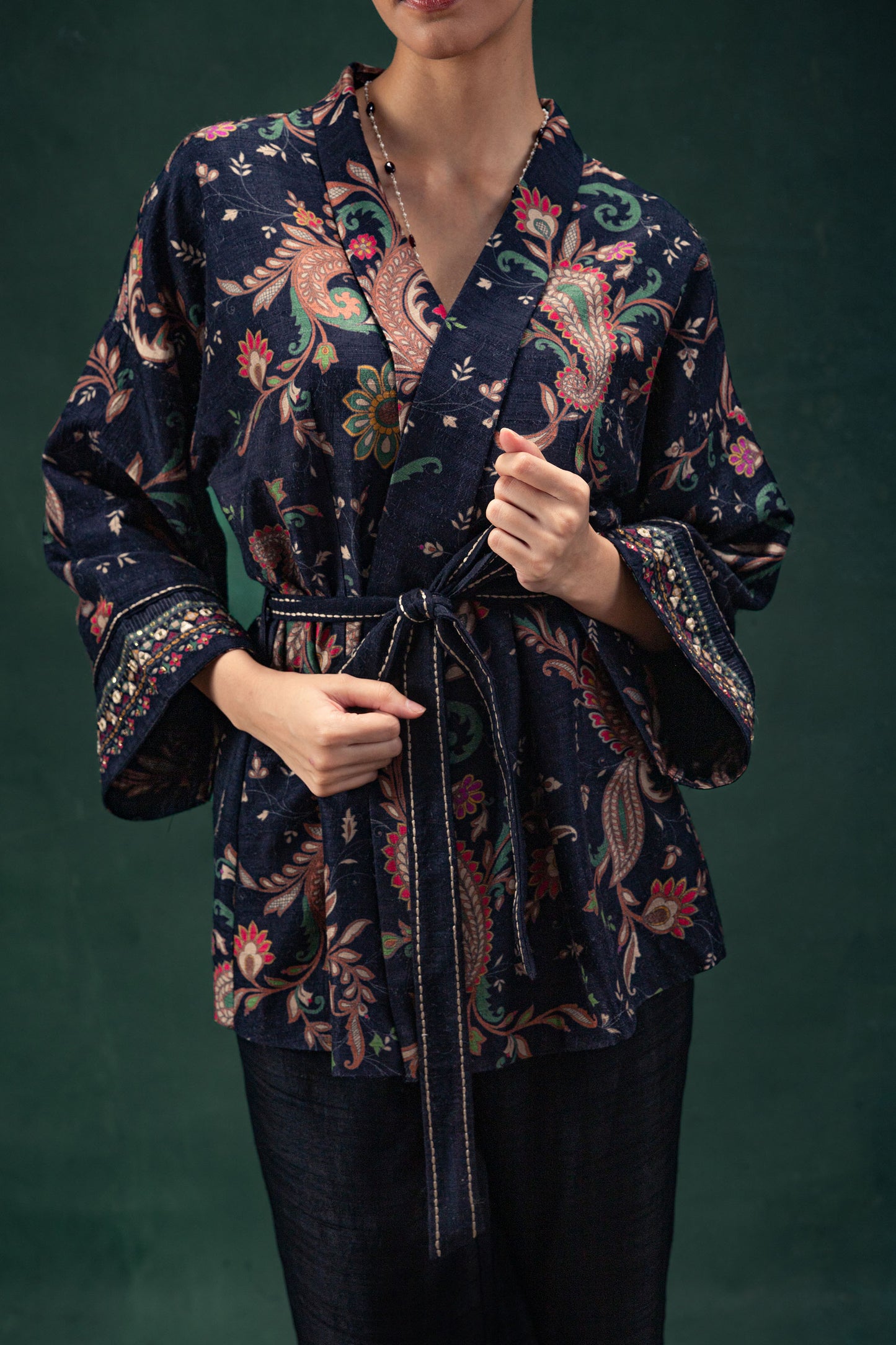 Yasmin Printed Floral Tusser Silk Wrap Jacket with Ebony Black Palazzo Pants