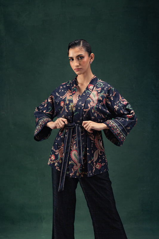 Yasmin Printed Floral Tusser Silk Wrap Jacket with Ebony Black Palazzo Pants