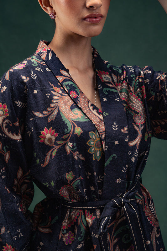 Yasmin Printed Floral Tusser Silk Wrap Jacket with Ebony Black Palazzo Pants