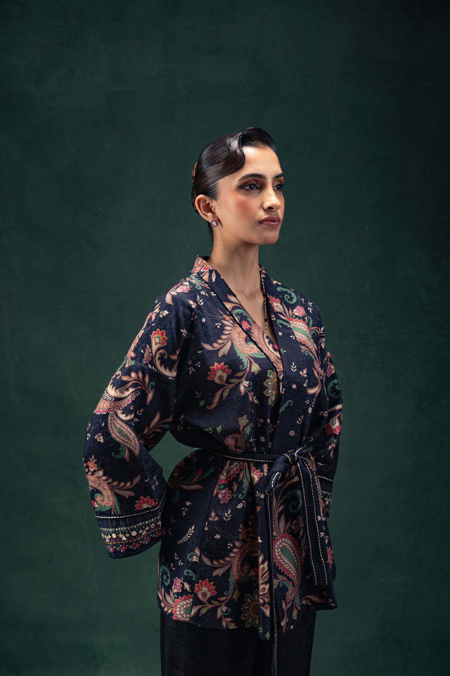 Yasmin Printed Floral Tusser Silk Wrap Jacket with Ebony Black Palazzo Pants