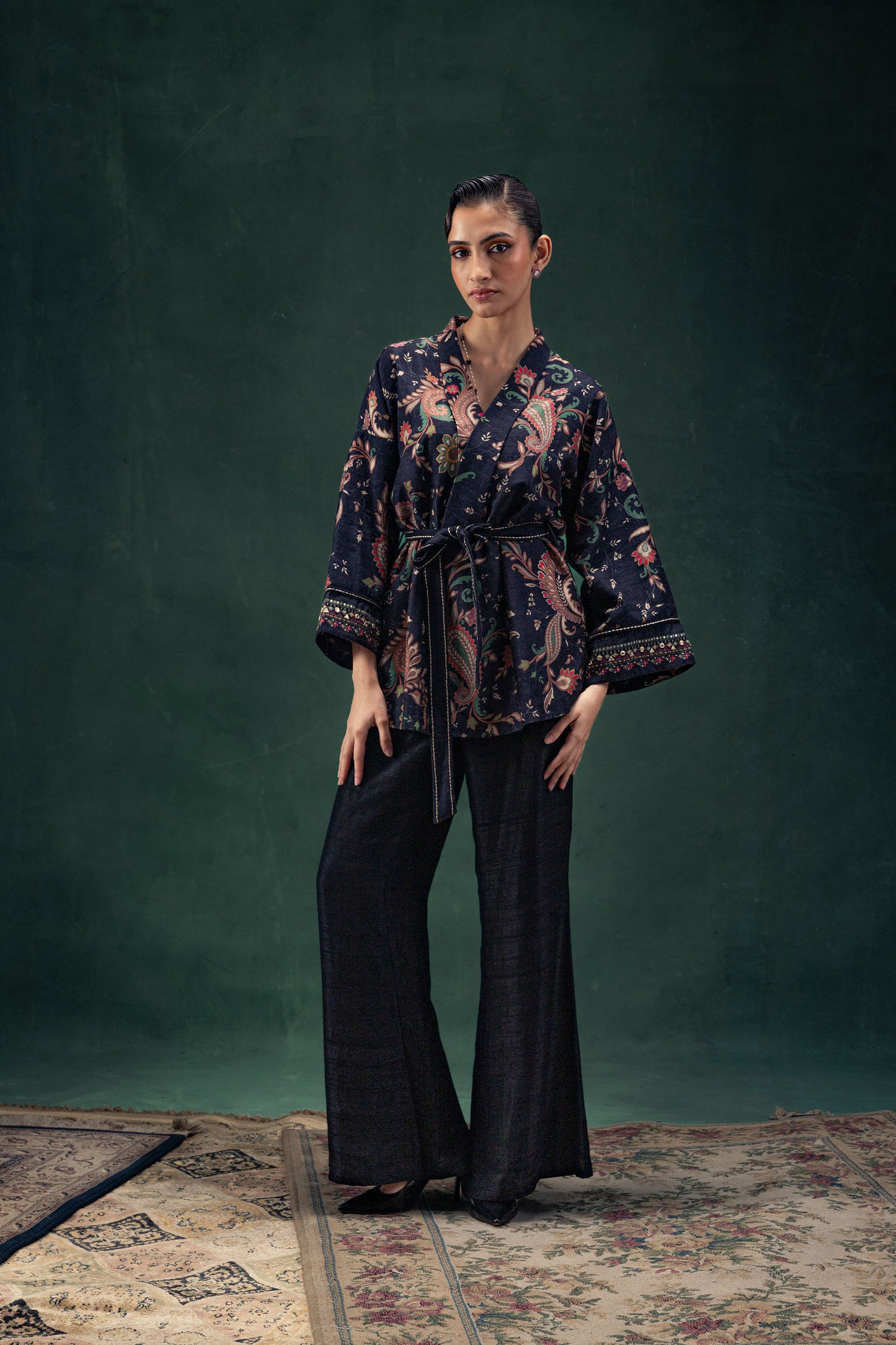 Yasmin Printed Floral Tusser Silk Wrap Jacket with Ebony Black Palazzo Pants