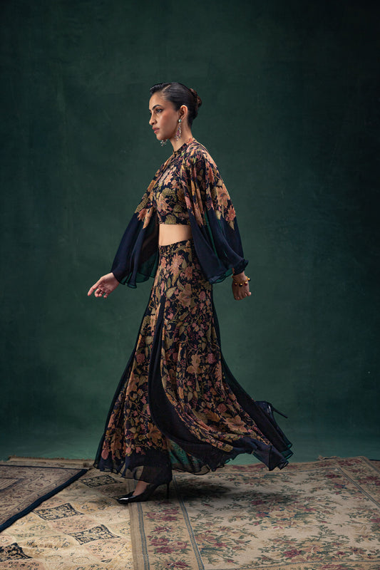 Eshana Black Printed Co-Ord Set with a Tunic Top with Flared Sleeves and Flared Shararas