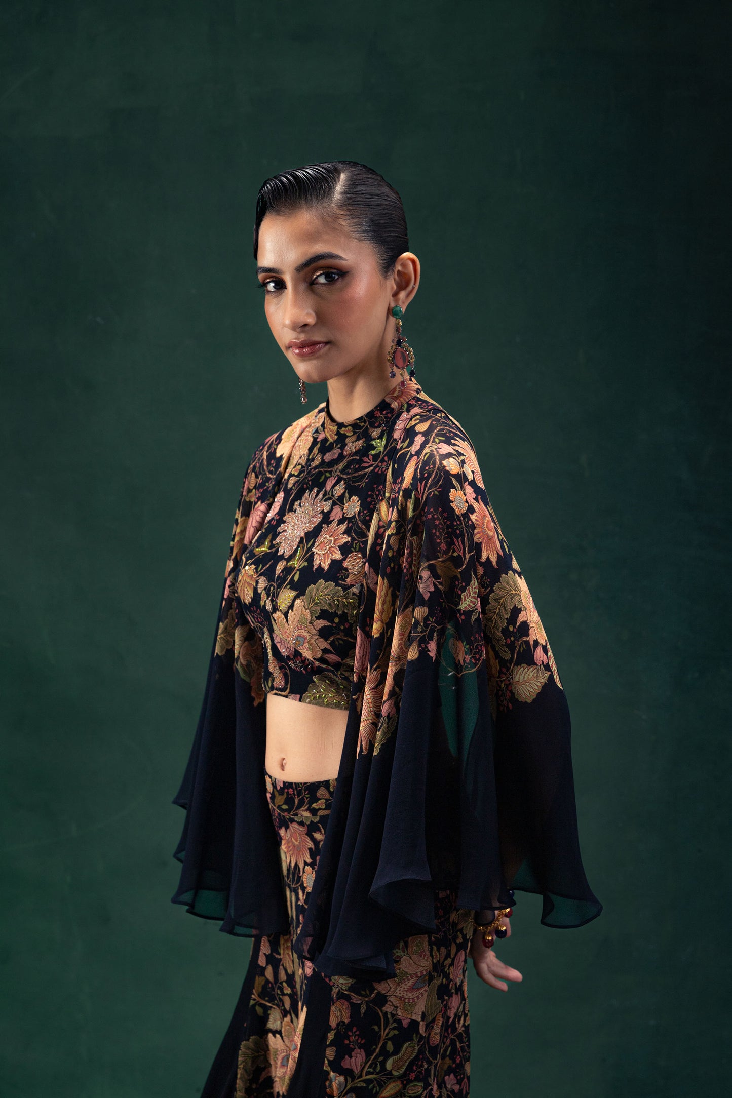 Eshana Black Printed Co-Ord Set with a Tunic Top with Flared Sleeves and Flared Shararas