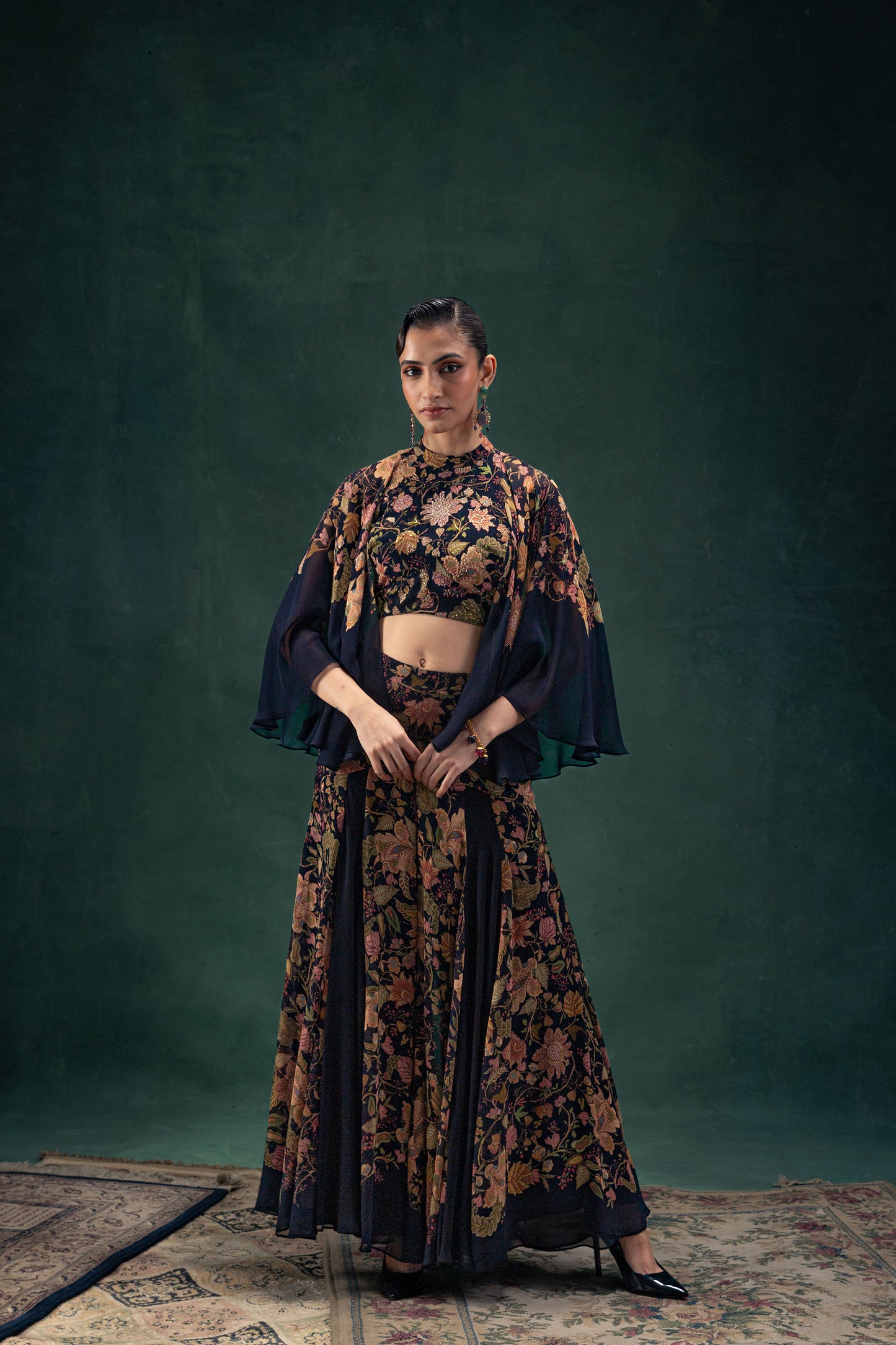 Eshana Black Printed Co-Ord Set with a Tunic Top with Flared Sleeves and Flared Shararas