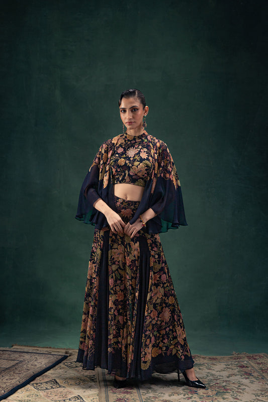 Eshana Black Printed Co-Ord Set with a Tunic Top with Flared Sleeves and Flared Shararas