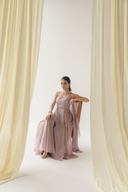 Rasha Dusty Pink Tissue Kurta Set with Floral Embroidery, Flared Pants, and Choker-Style Dupatta.